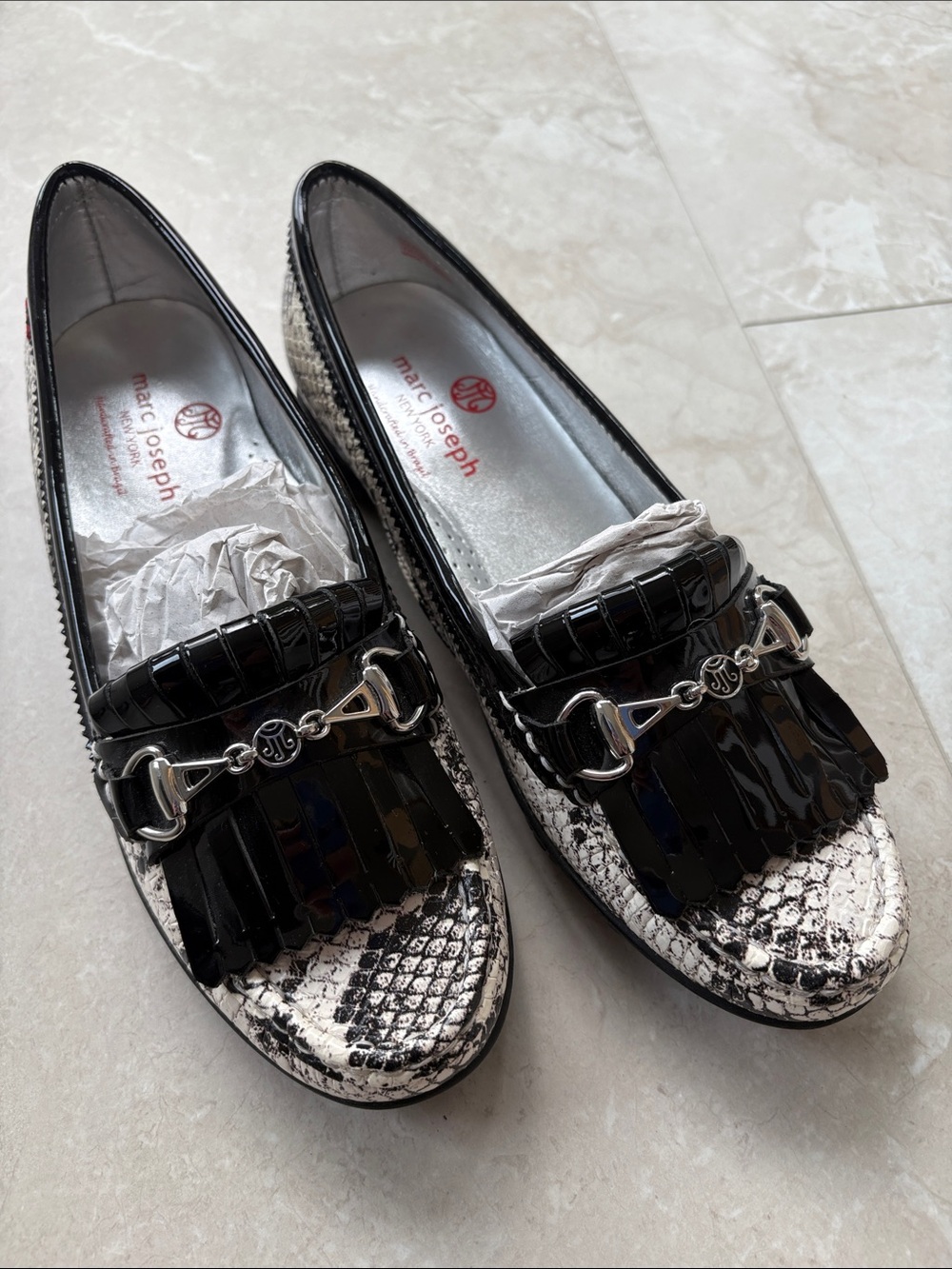 Marc Joseph Golf Shoes: Snake-Print Loafers with Patent Fringe